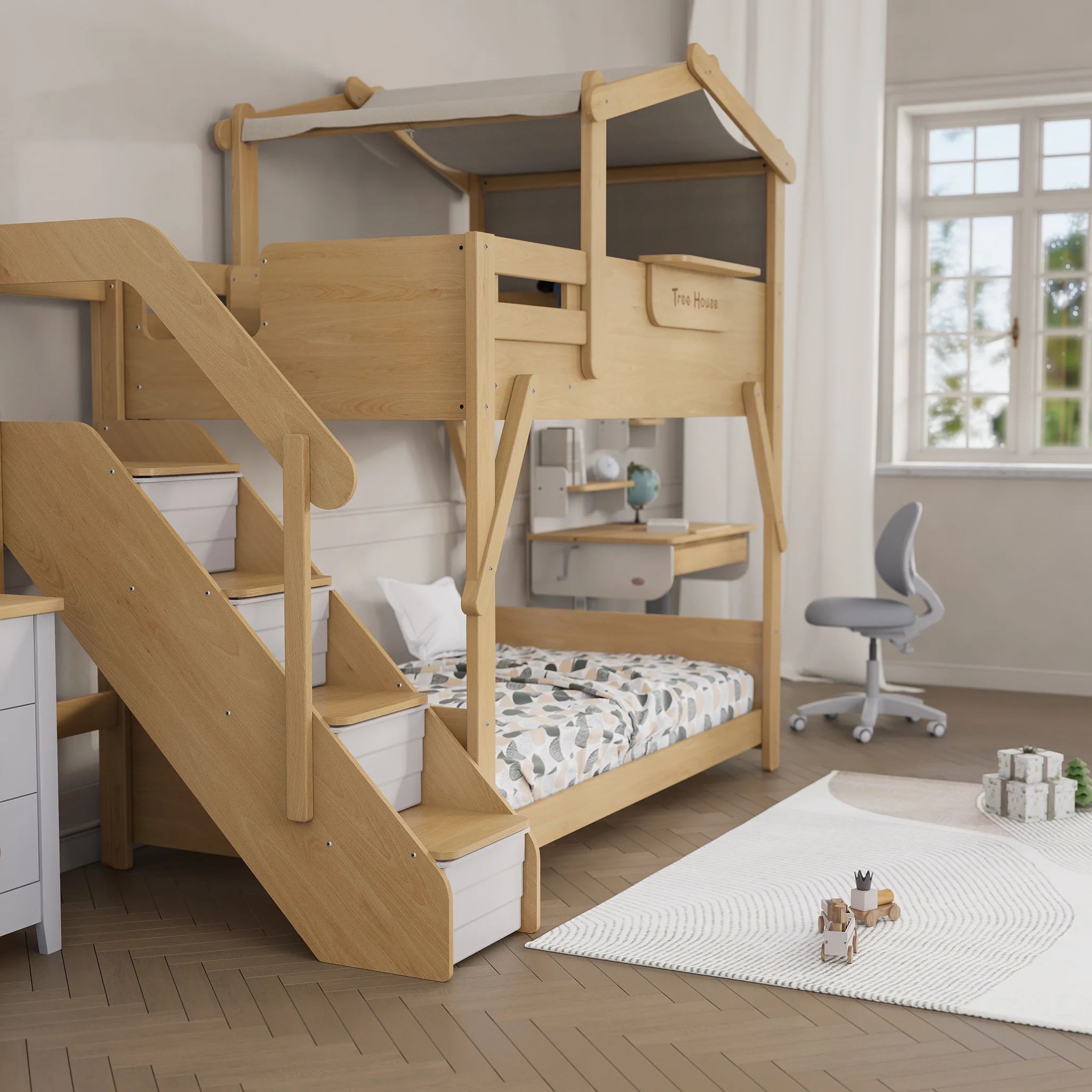 Treehouse King Single Bunk Bed + Roof Frame and Storage Staircase - Image 12